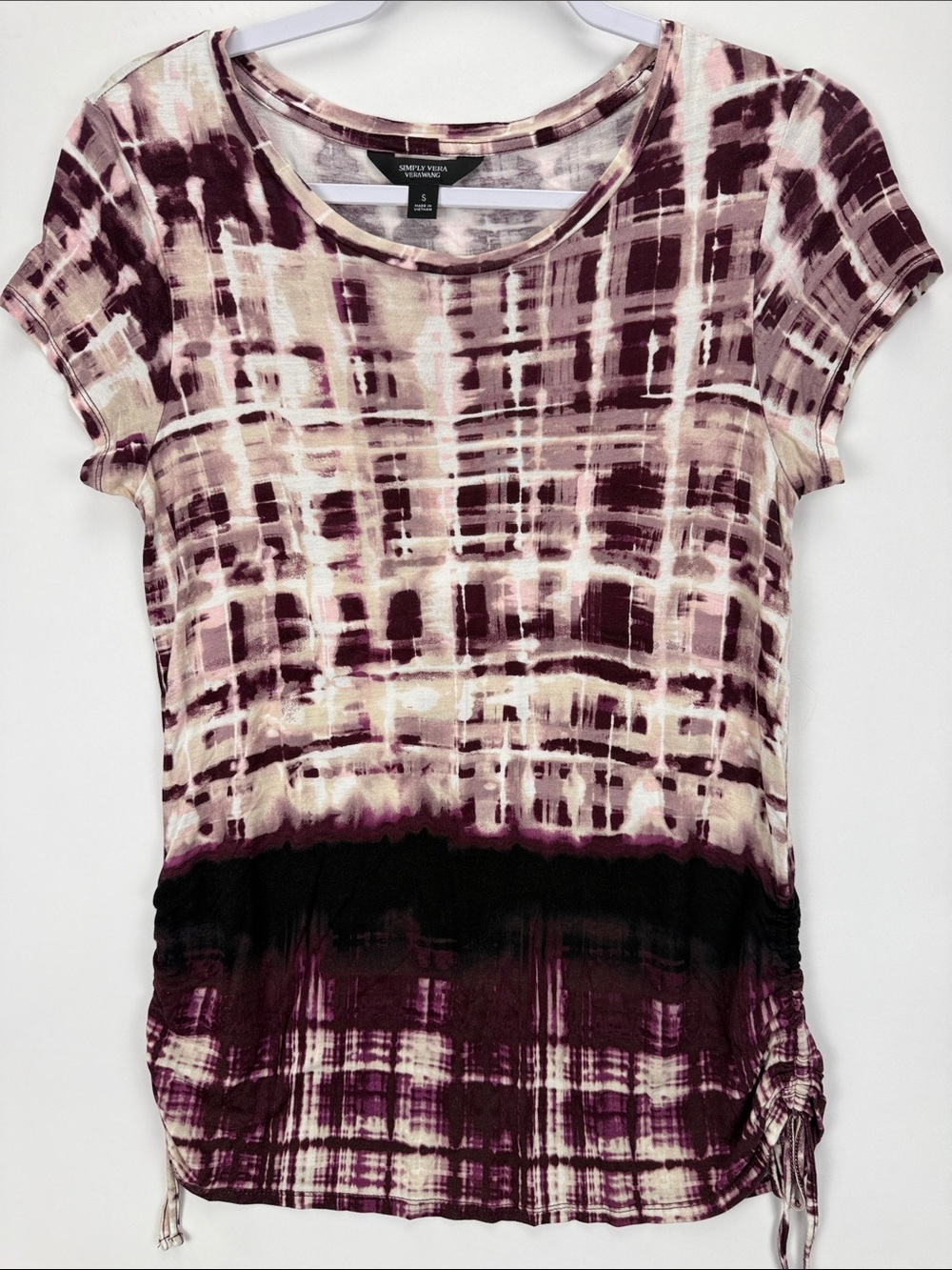 Simply Vera Vera Wang Maroon Plaid Short Sleeve Tee with Cream and Black Accents